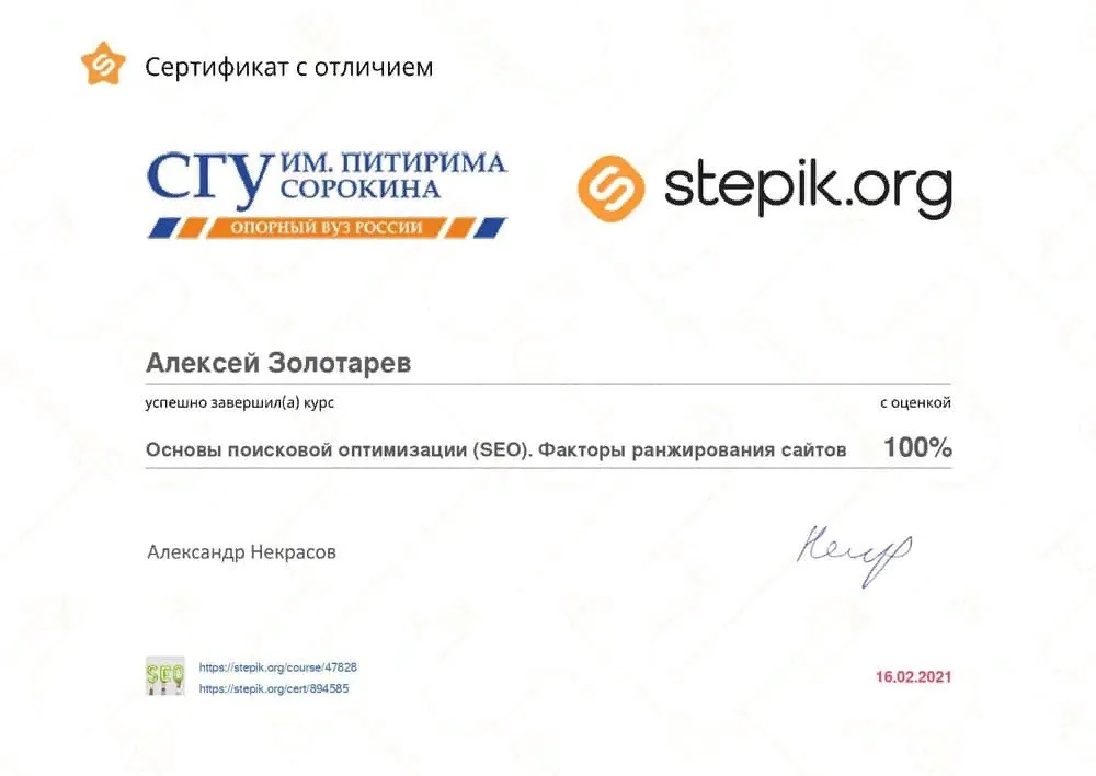 Сертификат по продвижению сайтов в Саранске - Основы поисковой оптимизации сайтов